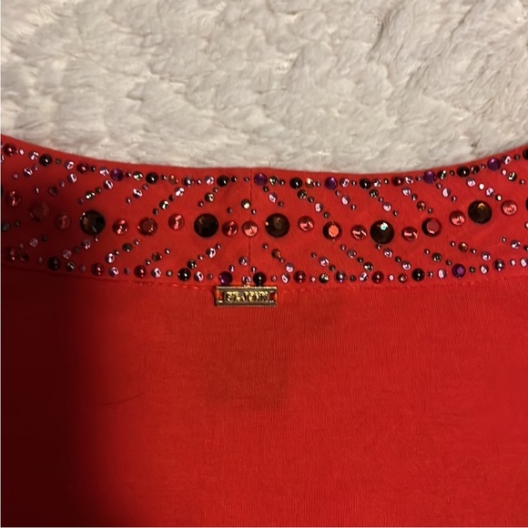 Vintage Women’s St John Orange woman's short sleeve top. Beaded v-neck. Sz small - Picture 4 of 6